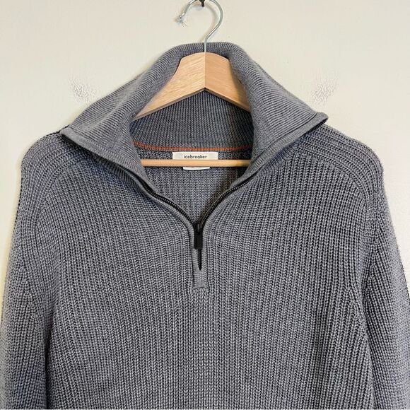 Icebreaker 1/2 Zip Merino Wool Lodge Sweater Womens Medium Grey Ribbed Knit - Picture 5 of 10
